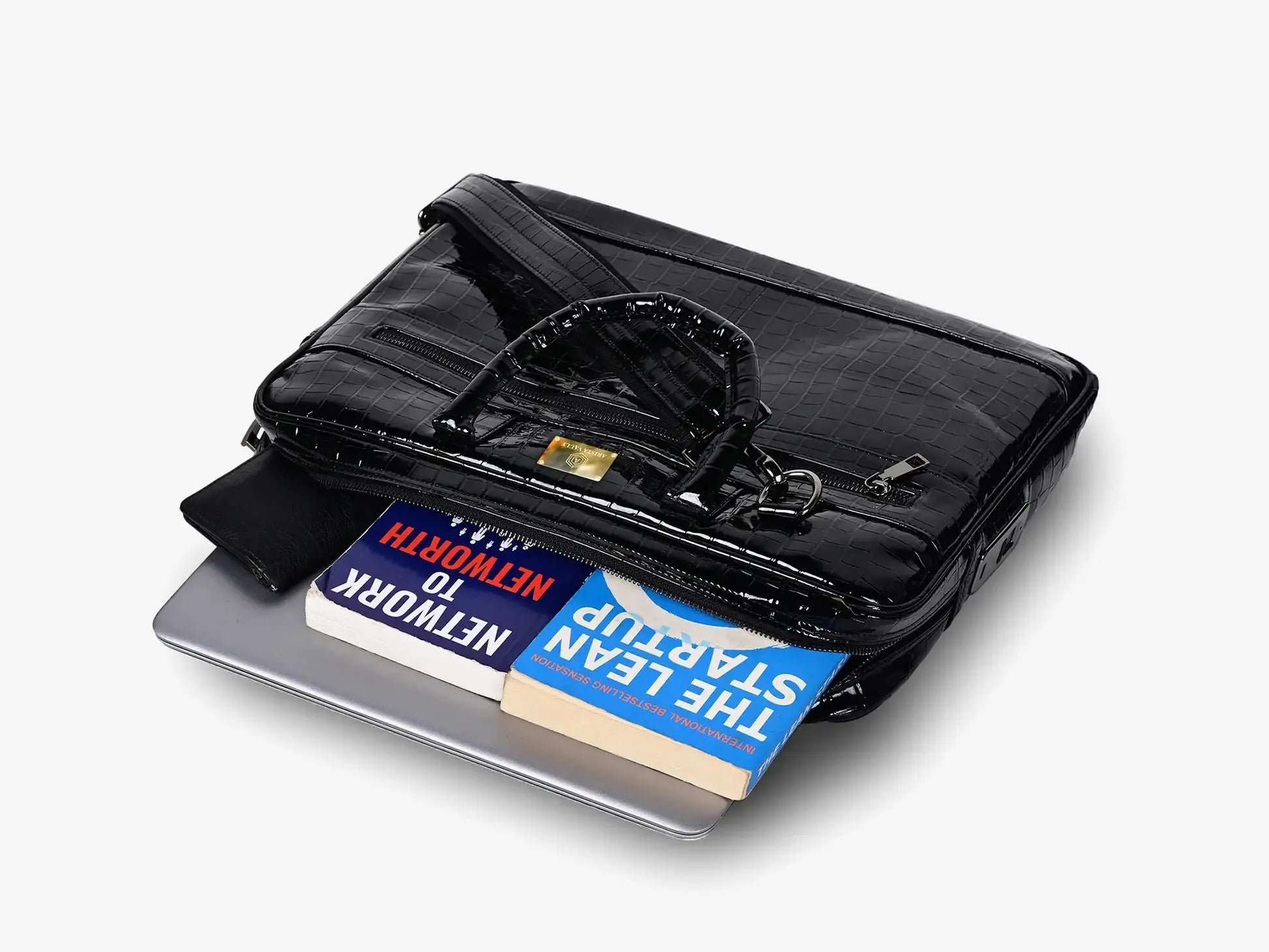 Business Professional Using Black Croc Textured Fingerlock Bag During Business Meeting