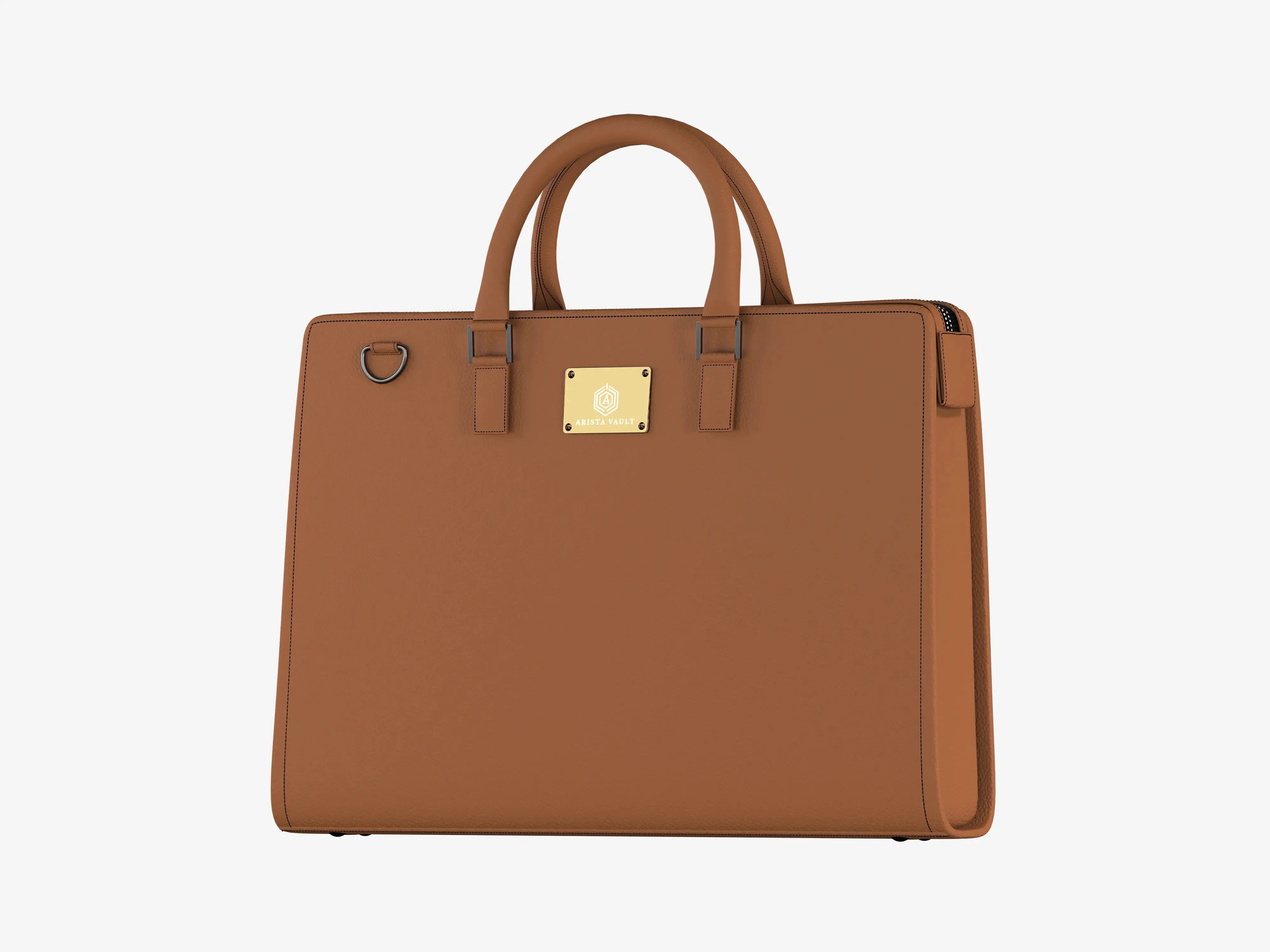Inside View of Tan Techbag Fingerlock Showing Laptop Sleeve, Tablet Compartment and Cable Organization