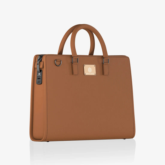 Tan Techbag with Biometric Fingerprint Lock and Multiple Device Storage Compartments for Tech Professionals