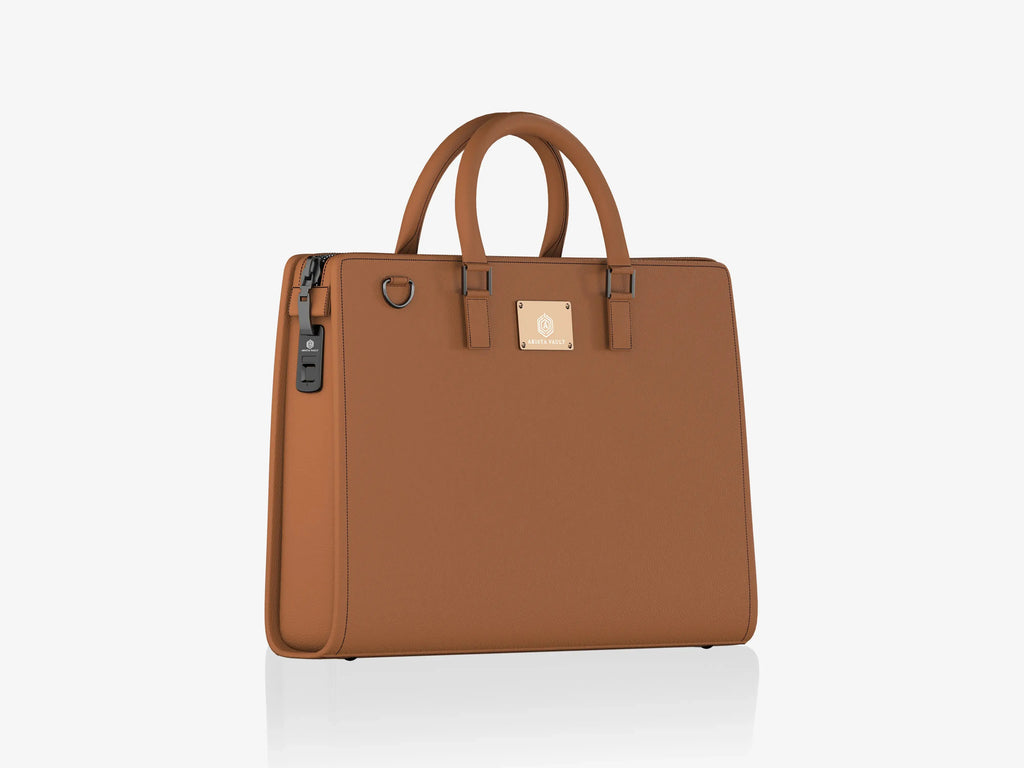 Tan Techbag with Biometric Fingerprint Lock and Multiple Device Storage Compartments for Tech Professionals