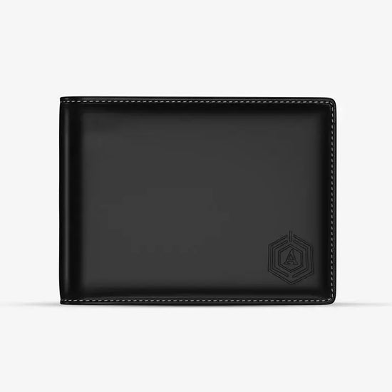 "Black Italian Leather Smart Wallet with Built-in Power Bank and Anti-Loss Technology