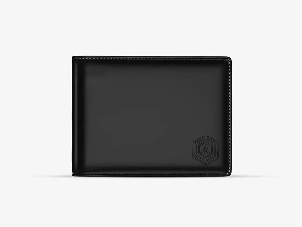 "Black Italian Leather Smart Wallet with Built-in Power Bank and Anti-Loss Technology