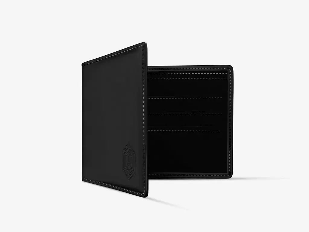 Black Leather Smart Wallet Showing Built-in USB Power Bank Feature for Mobile Charging
