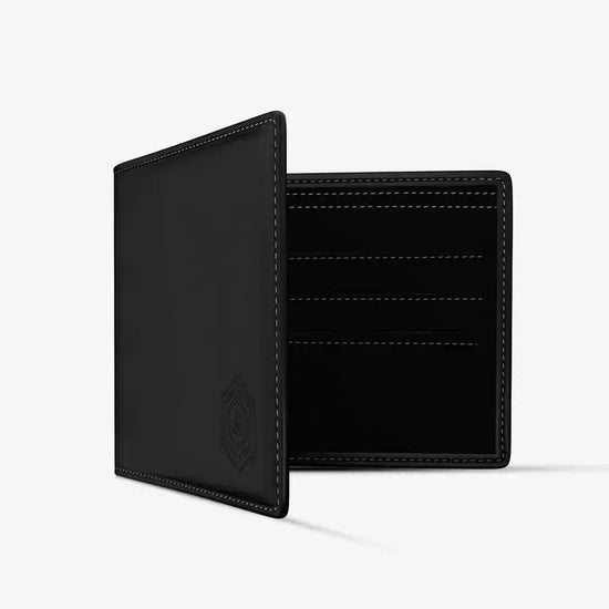 Black Leather Smart Wallet Showing Built-in USB Power Bank Feature for Mobile Charging
