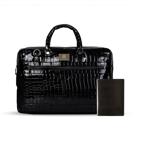 Croc Textured Fingerlock Bag (Black) + Smart Passport Holder (Brown) Arista Vault