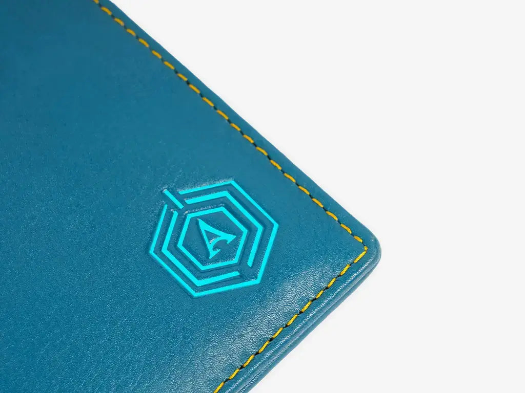Blue Traveller Wallet Showing GPS Tracking Feature and Premium Material Construction